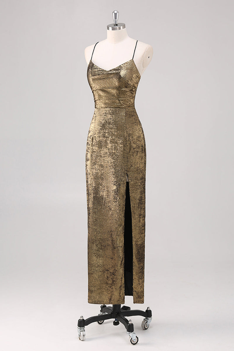 Laden Sie das Bild in den Galerie-Viewer, Schwarzes goldenes Spaghettiträger Etui Abendkleid mit Schlitz