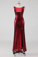 Laden Sie das Bild in den Galerie-Viewer, Burgundy Satin Abendkleid mit Rundhalsausschnitt und Schlitz