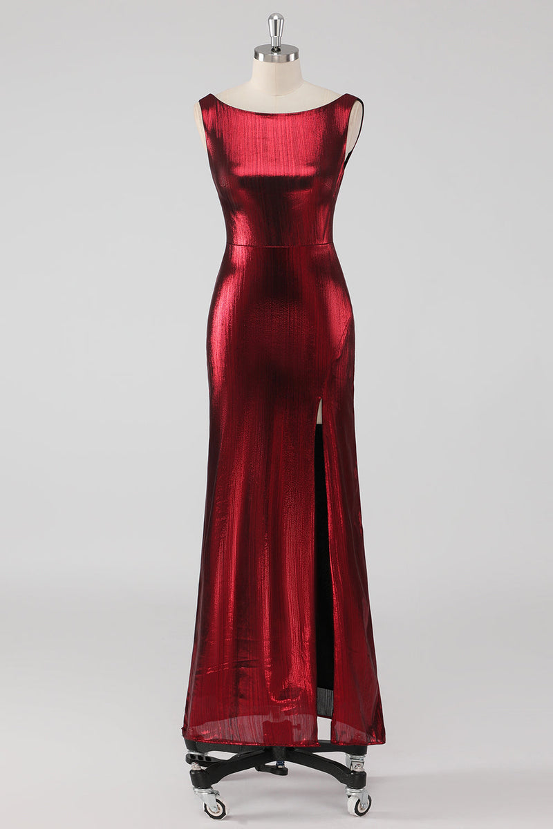 Laden Sie das Bild in den Galerie-Viewer, Burgundy Satin Abendkleid mit Rundhalsausschnitt und Schlitz