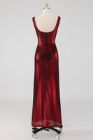Laden Sie das Bild in den Galerie-Viewer, Burgundy Satin Abendkleid mit Rundhalsausschnitt und Schlitz