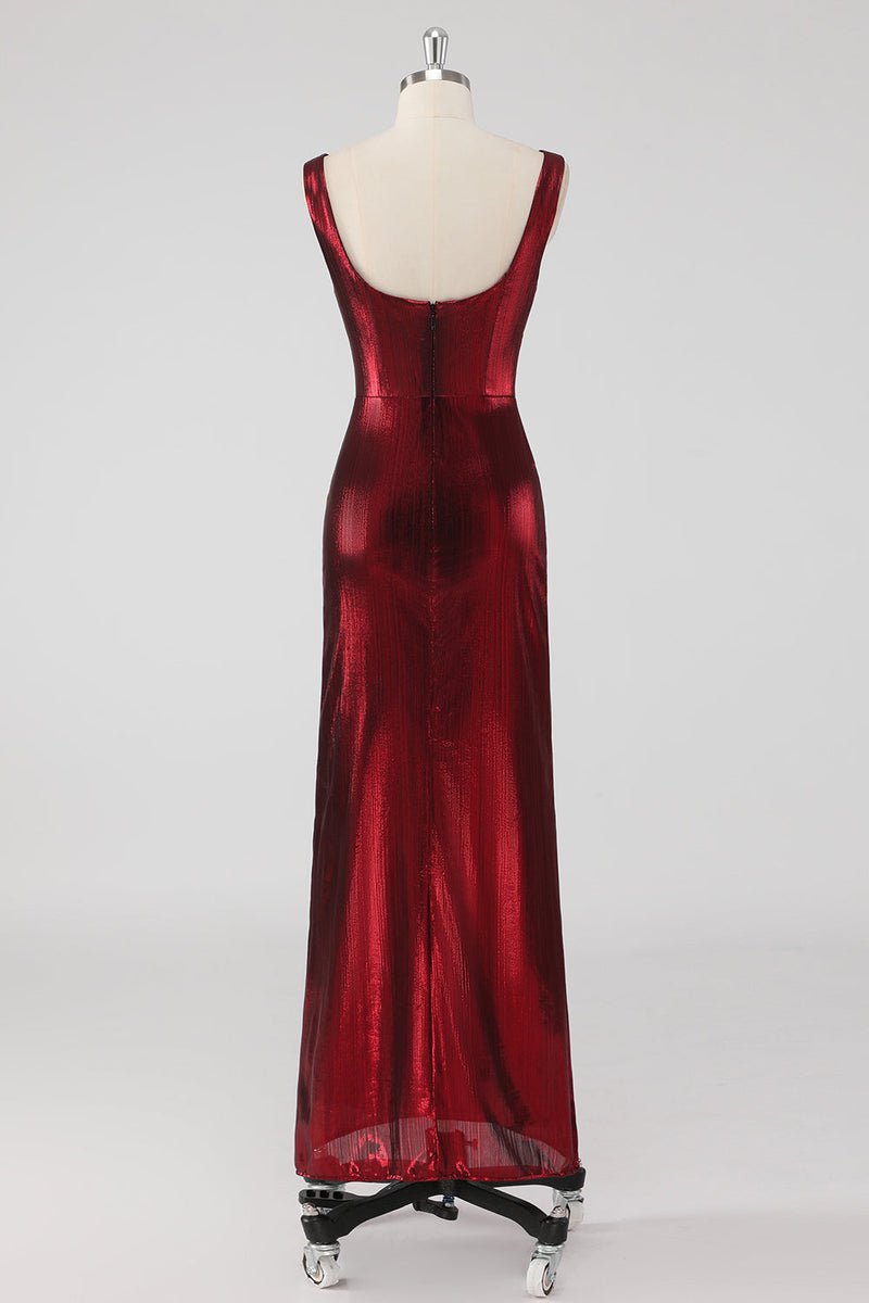 Laden Sie das Bild in den Galerie-Viewer, Burgundy Satin Abendkleid mit Rundhalsausschnitt und Schlitz