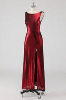 Laden Sie das Bild in den Galerie-Viewer, Burgundy Satin Abendkleid mit Rundhalsausschnitt und Schlitz