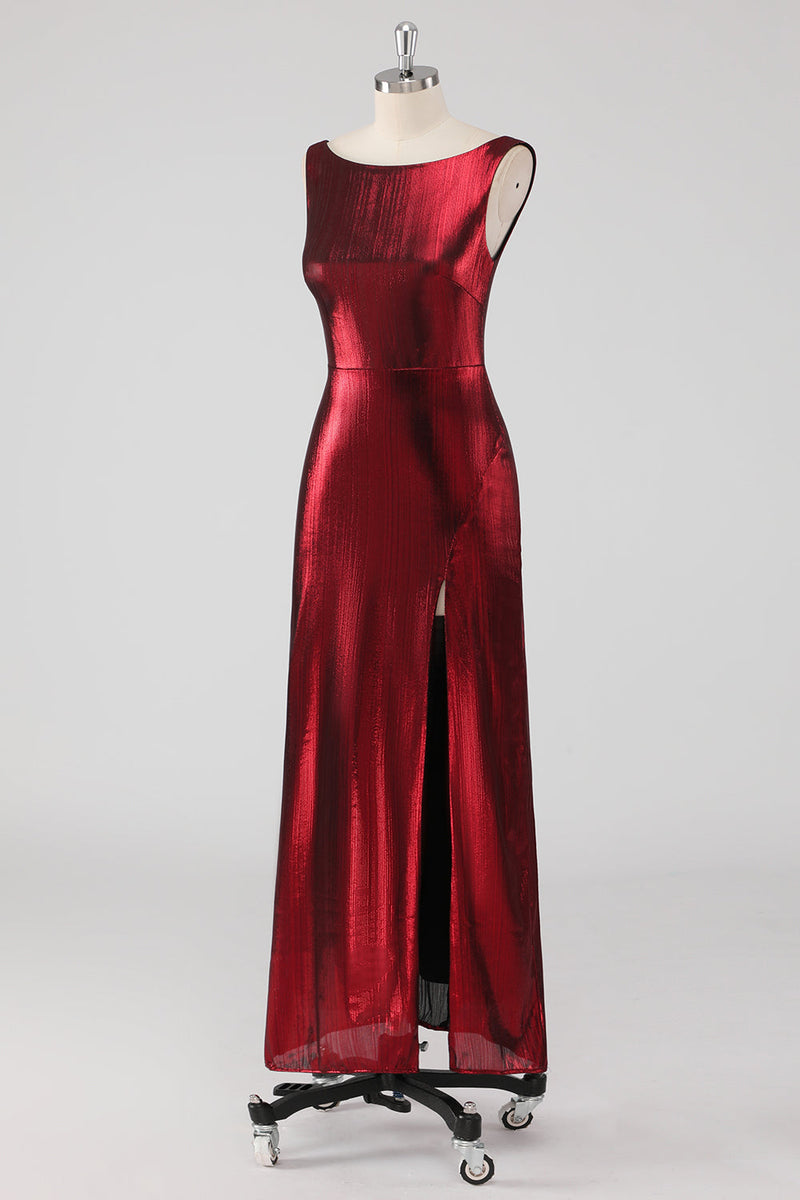 Laden Sie das Bild in den Galerie-Viewer, Burgundy Satin Abendkleid mit Rundhalsausschnitt und Schlitz
