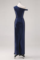Laden Sie das Bild in den Galerie-Viewer, Marineblaues Etui Abendkleid mit einer Schulter und Perlen