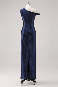 Marineblaues Etui Abendkleid mit einer Schulter und Perlen