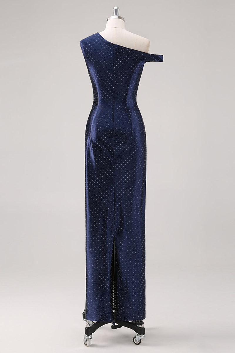 Laden Sie das Bild in den Galerie-Viewer, Marineblaues Etui Abendkleid mit einer Schulter und Perlen