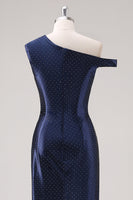 Laden Sie das Bild in den Galerie-Viewer, Marineblaues Etui Abendkleid mit einer Schulter und Perlen