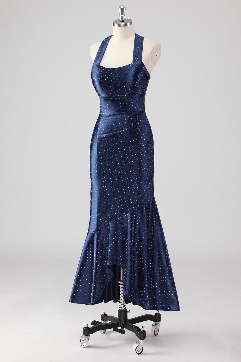 Laden Sie das Bild in den Galerie-Viewer, Marineblaues Neckholder Perlen Meerjungfrau Rüschen Langes Abendkleid