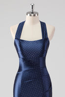 Laden Sie das Bild in den Galerie-Viewer, Marineblaues Neckholder Perlen Meerjungfrau Rüschen Langes Abendkleid
