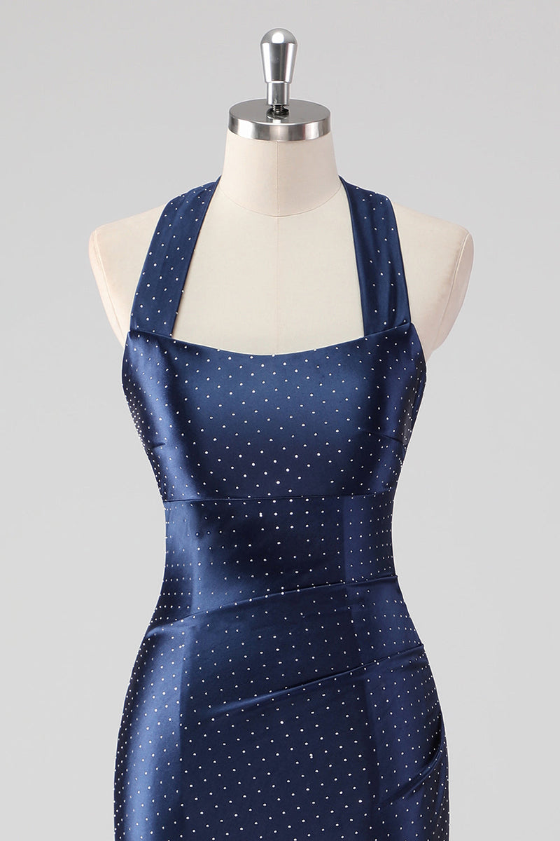 Laden Sie das Bild in den Galerie-Viewer, Marineblaues Neckholder Perlen Meerjungfrau Rüschen Langes Abendkleid