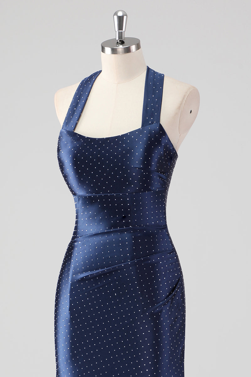 Laden Sie das Bild in den Galerie-Viewer, Marineblaues Neckholder Perlen Meerjungfrau Rüschen Langes Abendkleid