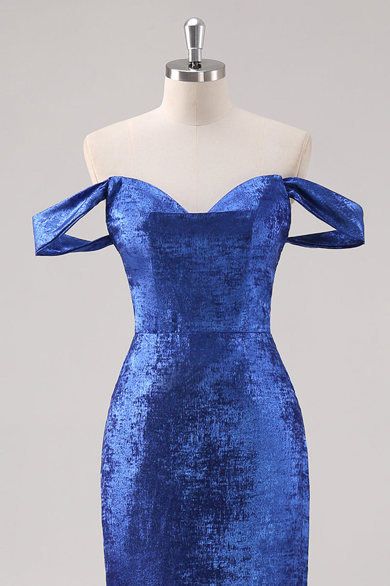 Laden Sie das Bild in den Galerie-Viewer, Königsblaues Schulterfreies Ballkleid aus Satin mit abnehmbaren Ärmeln