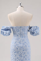 Laden Sie das Bild in den Galerie-Viewer, Blaues Geblümtes Ballkleid in Teelänge mit Puffärmeln