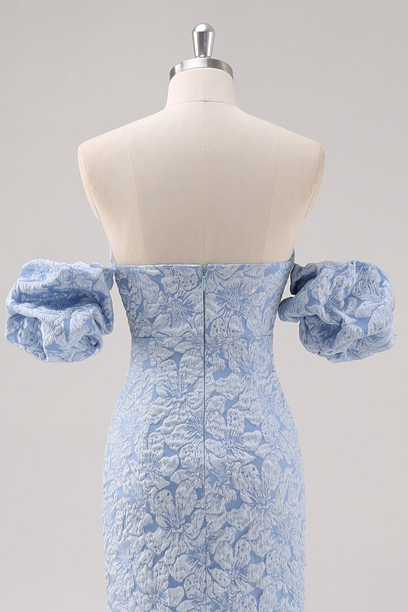 Laden Sie das Bild in den Galerie-Viewer, Blaues Geblümtes Ballkleid in Teelänge mit Puffärmeln