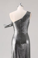 Laden Sie das Bild in den Galerie-Viewer, Silber Schwarzes Etui Eine Schulter Ballkleid mit Schlitz