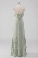 Laden Sie das Bild in den Galerie-Viewer, Dusty Sage Etui Rüschen Spaghettiträger Brautjungfernkleid