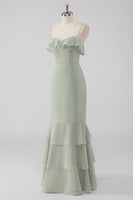 Laden Sie das Bild in den Galerie-Viewer, Dusty Sage Etui Rüschen Spaghettiträger Brautjungfernkleid