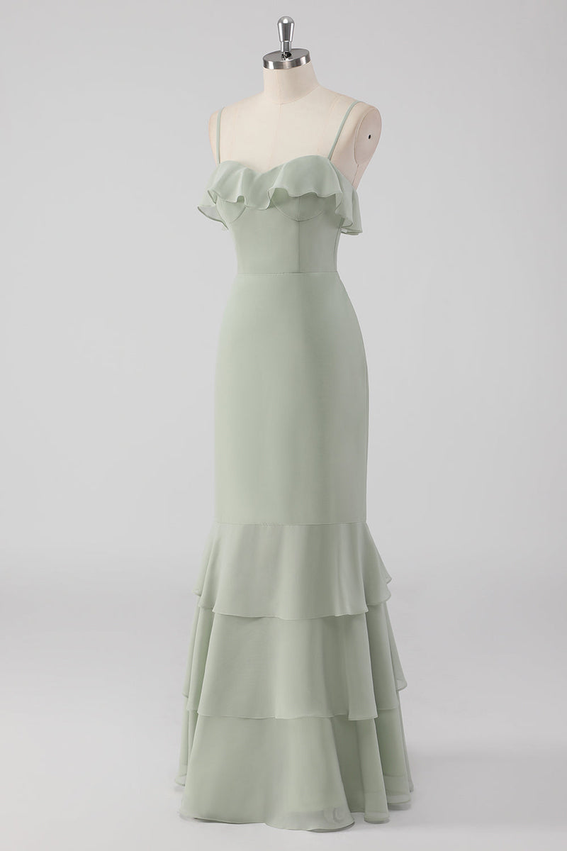 Laden Sie das Bild in den Galerie-Viewer, Dusty Sage Etui Rüschen Spaghettiträger Brautjungfernkleid