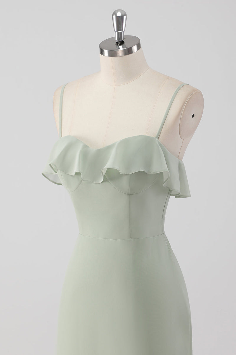 Laden Sie das Bild in den Galerie-Viewer, Dusty Sage Etui Rüschen Spaghettiträger Brautjungfernkleid