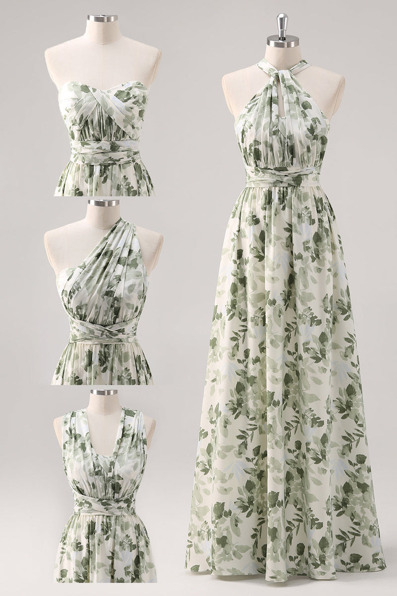 Laden Sie das Bild in den Galerie-Viewer, Grüne Blume A-Linie V-Hals Muster Gerafftes Konvertibeldesign Langes Brautjungfernkleid
