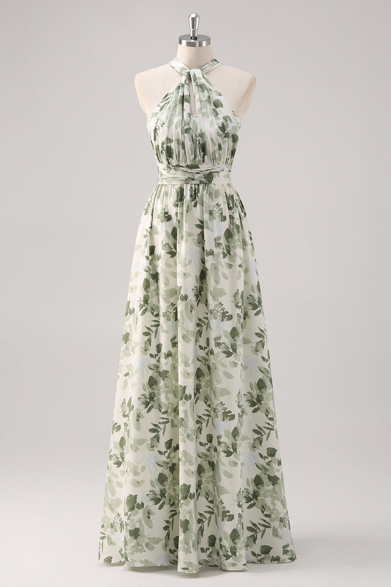 Laden Sie das Bild in den Galerie-Viewer, A-Linie Gerafftes Konvertibeldesign Bodenlanges Grünes Blumen Brautjungfernkleid