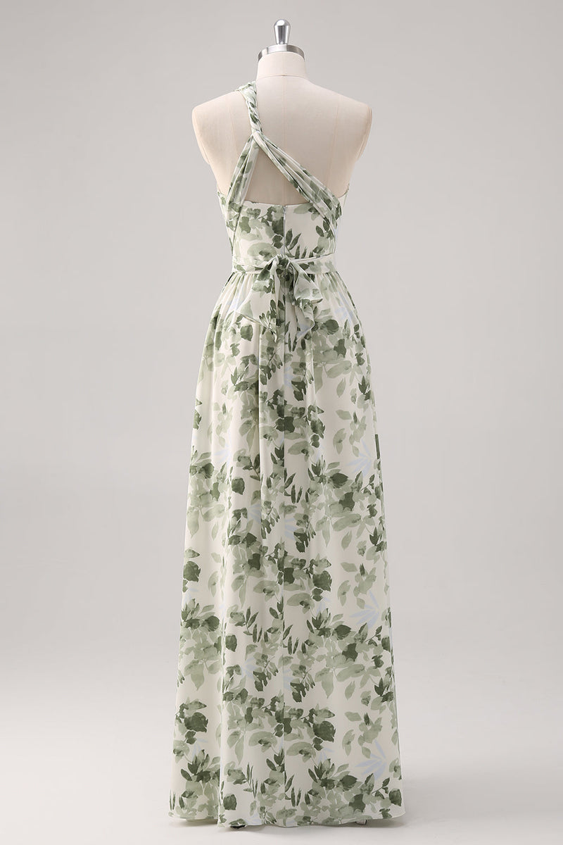 Laden Sie das Bild in den Galerie-Viewer, A-Linie Gerafftes Konvertibeldesign Bodenlanges Grünes Blumen Brautjungfernkleid