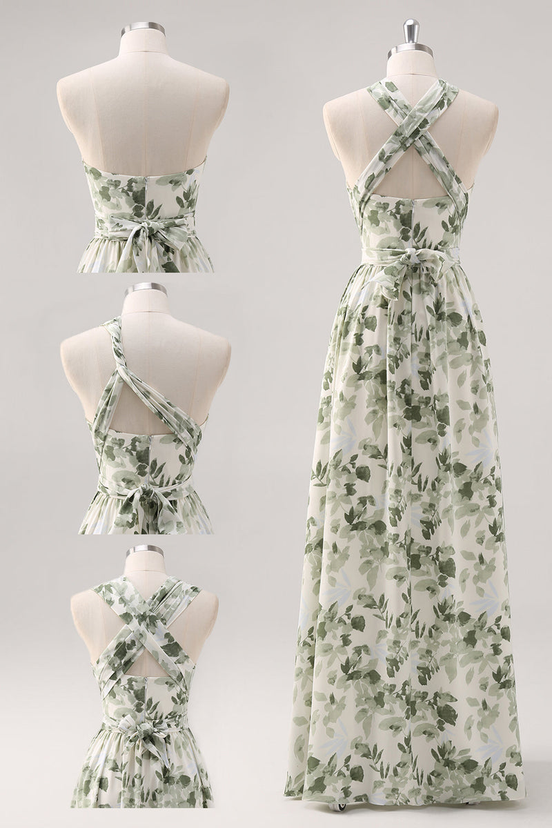 Laden Sie das Bild in den Galerie-Viewer, Grüne Blume A-Linie Muster Gerafftes Konvertibeldesign Langes Brautjungfernkleid