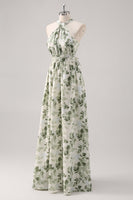 Laden Sie das Bild in den Galerie-Viewer, A-Linie Gerafftes Konvertibeldesign Bodenlanges Grünes Blumen Brautjungfernkleid