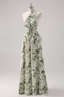 Laden Sie das Bild in den Galerie-Viewer, A-Linie Gerafftes Konvertibeldesign Bodenlanges Grünes Blumen Brautjungfernkleid