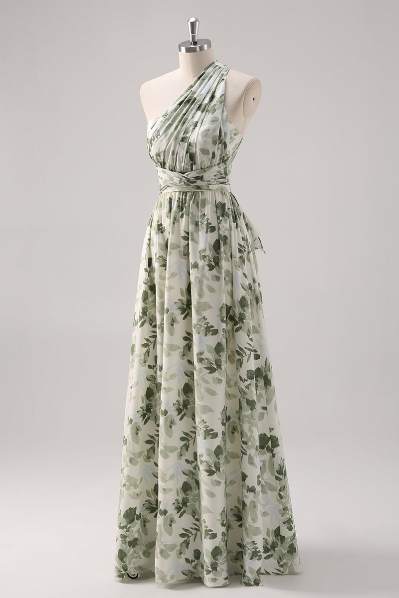 Laden Sie das Bild in den Galerie-Viewer, A-Linie Gerafftes Konvertibeldesign Bodenlanges Grünes Blumen Brautjungfernkleid