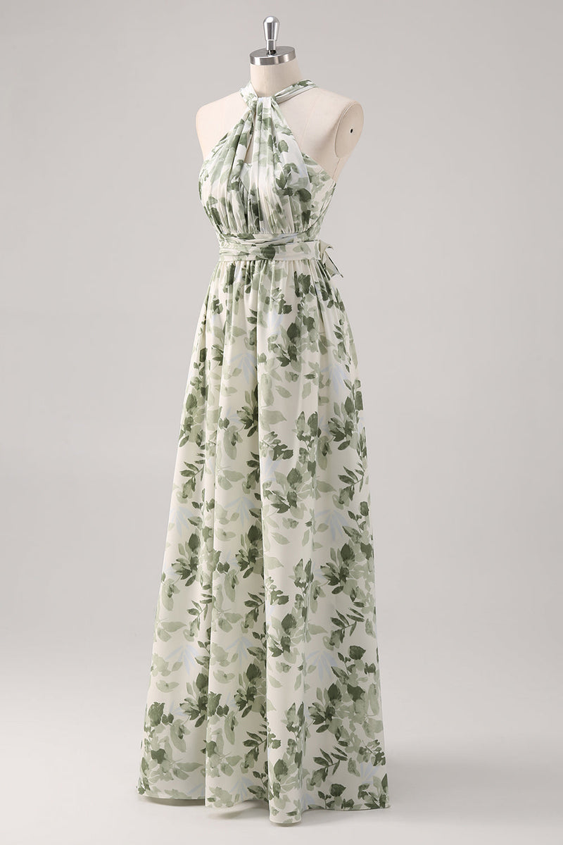 Laden Sie das Bild in den Galerie-Viewer, Grüne Blume A-Linie Muster Gerafftes Konvertibeldesign Langes Brautjungfernkleid