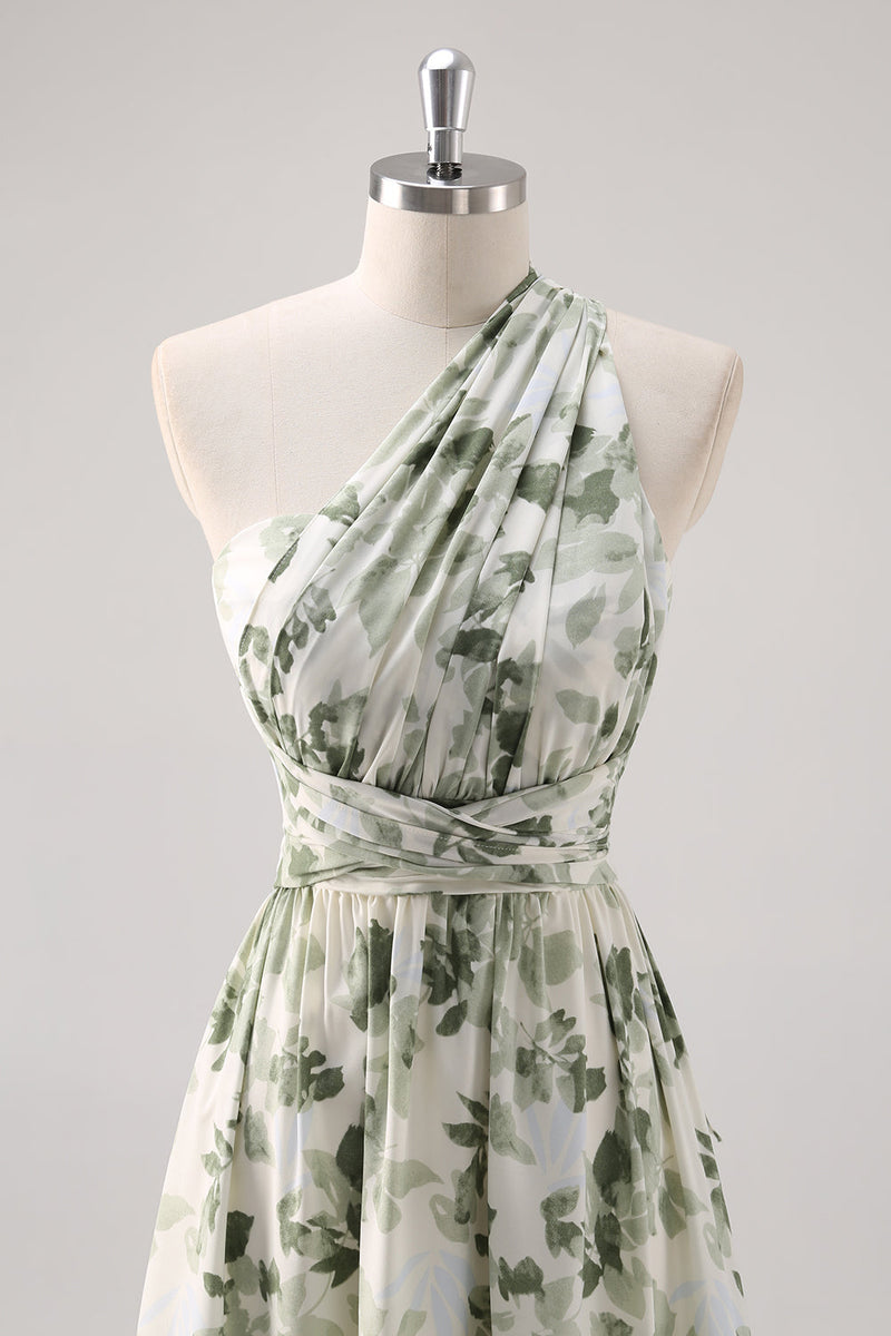 Laden Sie das Bild in den Galerie-Viewer, Grüne Blume A-Linie Brautjungfernkleid mit einer Schulter