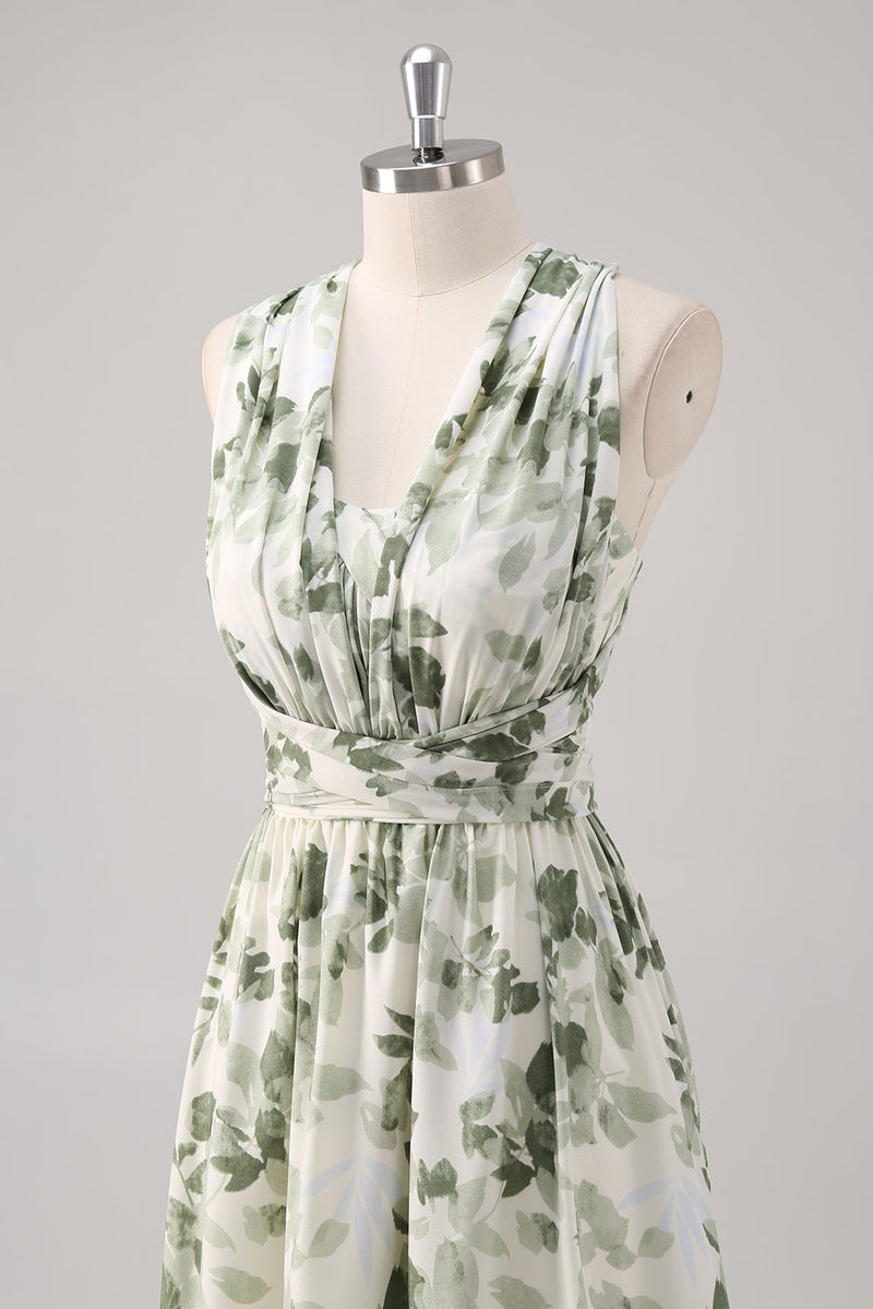 Laden Sie das Bild in den Galerie-Viewer, Grüne Blume A-Linie V-Hals Muster Gerafftes Konvertibeldesign Langes Brautjungfernkleid