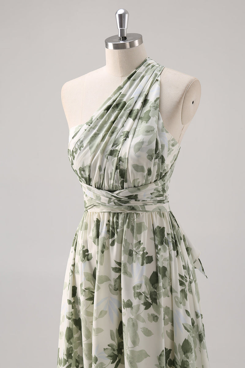 Laden Sie das Bild in den Galerie-Viewer, Grüne Blume A-Linie Brautjungfernkleid mit einer Schulter