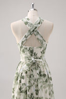 Laden Sie das Bild in den Galerie-Viewer, Grüne Blume A-Linie Muster Gerafftes Konvertibeldesign Langes Brautjungfernkleid