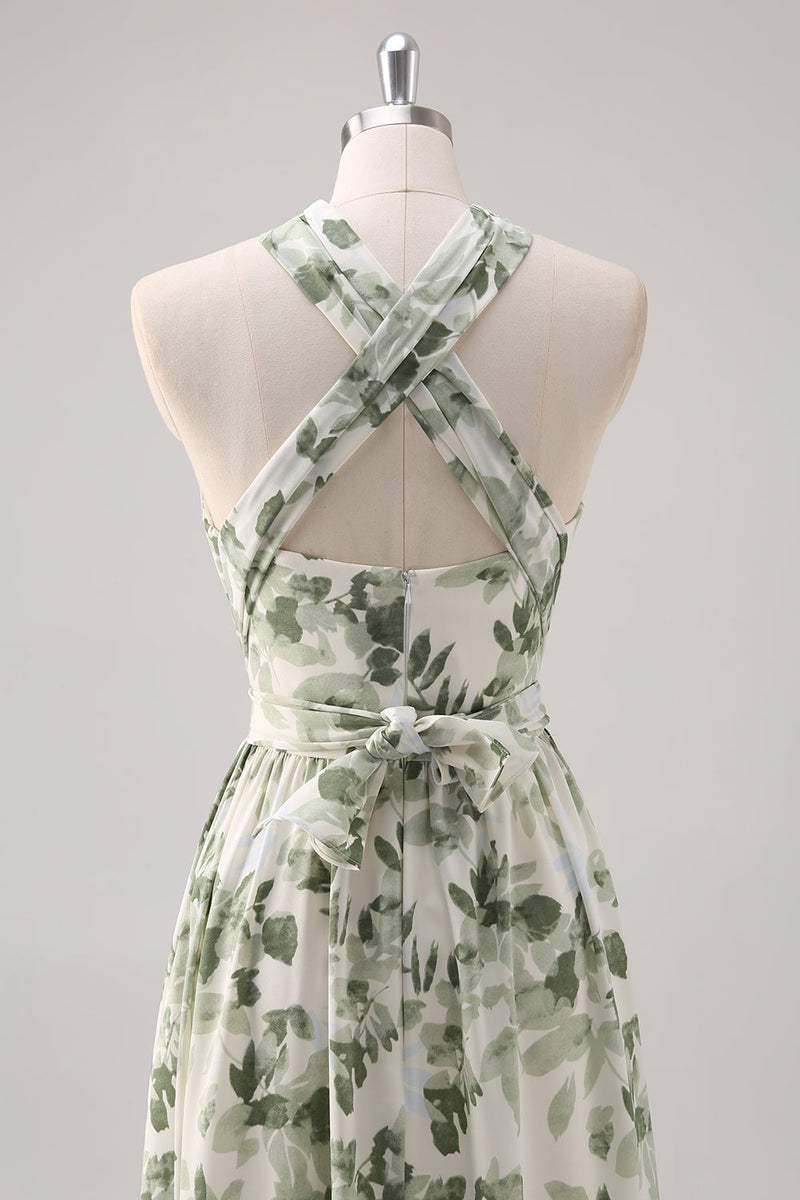 Laden Sie das Bild in den Galerie-Viewer, Grüne Blume A-Linie Muster Gerafftes Konvertibeldesign Langes Brautjungfernkleid