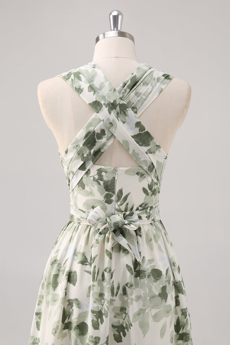 Laden Sie das Bild in den Galerie-Viewer, Grüne Blume A-Linie V-Hals Muster Gerafftes Konvertibeldesign Langes Brautjungfernkleid