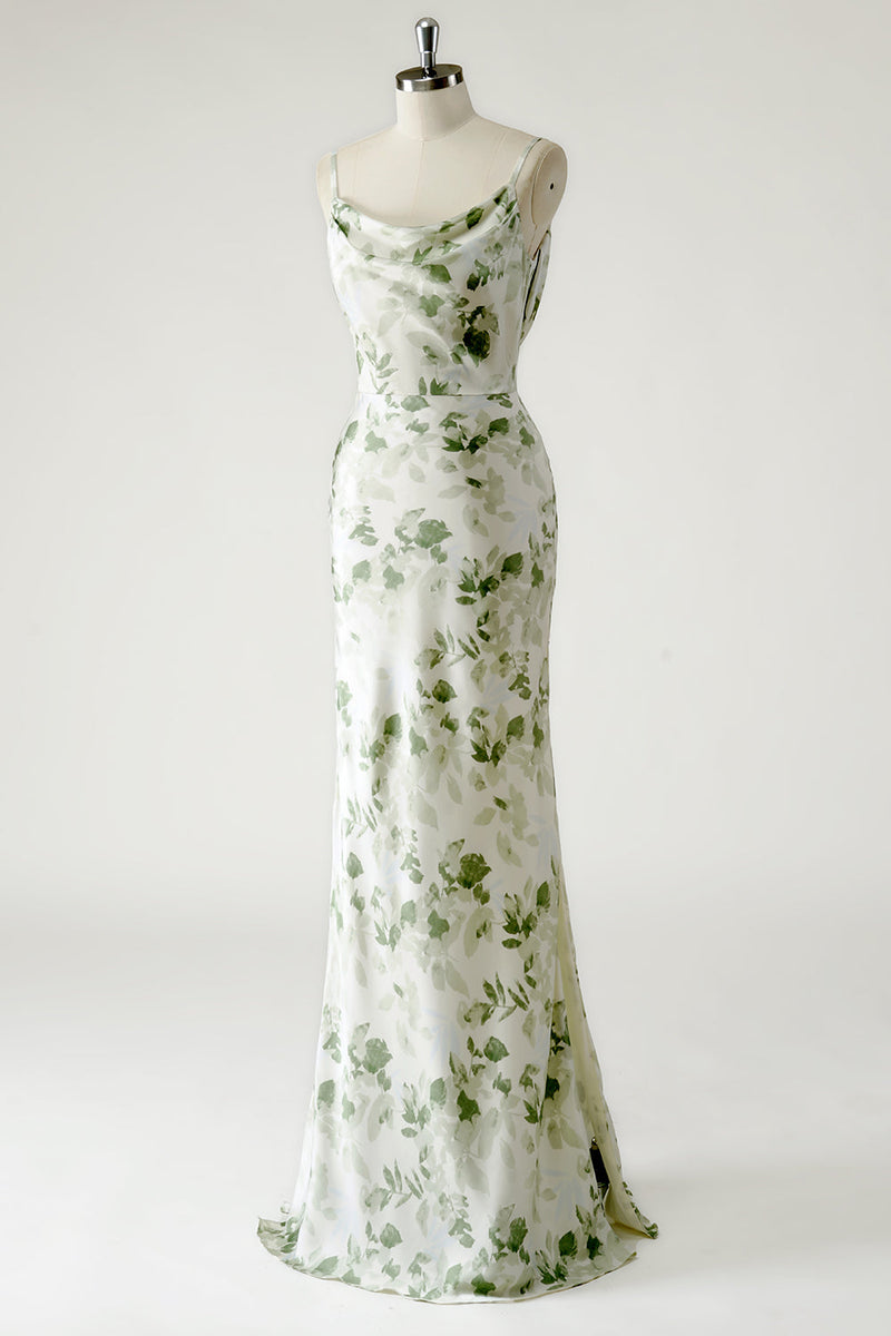 Laden Sie das Bild in den Galerie-Viewer, Grüne Blumen Scheide Langes Brautjungfernkleid mit offenem Rücken