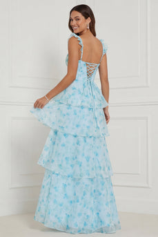 Blaues A-Linie Rüschenkorsett Langes Blumenkleid mit Schlitz