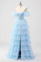 Laden Sie das Bild in den Galerie-Viewer, Himmelblaues Schulterfreies Stufen Korsett A-Linie Brautjungfernkleid