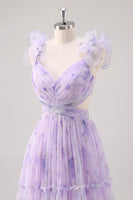 Laden Sie das Bild in den Galerie-Viewer, Lavendelblume A Linie Ausgeschnittenes Langes Brautjungfernkleid mit V-Ausschnitt