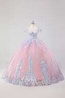 Laden Sie das Bild in den Galerie-Viewer, Prinzessin Blush Rosa Schulterfreies Tüll Quinceanera Kleid mit Strass und Schleife