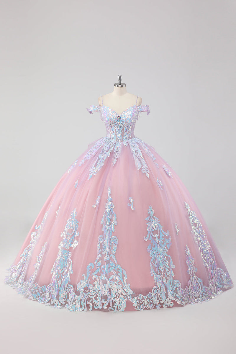 Laden Sie das Bild in den Galerie-Viewer, Prinzessin Blush Rosa Schulterfreies Tüll Quinceanera Kleid mit Strass und Schleife