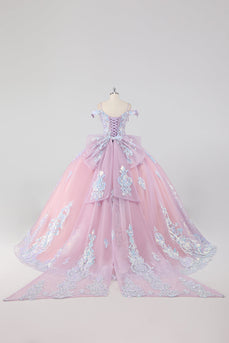 Prinzessin Blush Rosa Schulterfreies Tüll Quinceanera Kleid mit Strass und Schleife