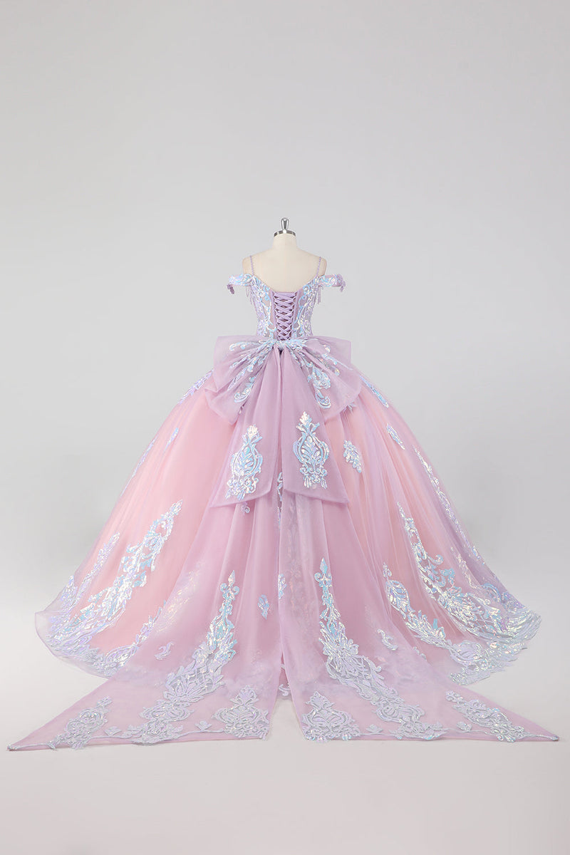 Laden Sie das Bild in den Galerie-Viewer, Prinzessin Blush Rosa Schulterfreies Tüll Quinceanera Kleid mit Strass und Schleife
