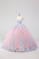 Laden Sie das Bild in den Galerie-Viewer, Prinzessin Blush Rosa Schulterfreies Tüll Quinceanera Kleid mit Strass und Schleife
