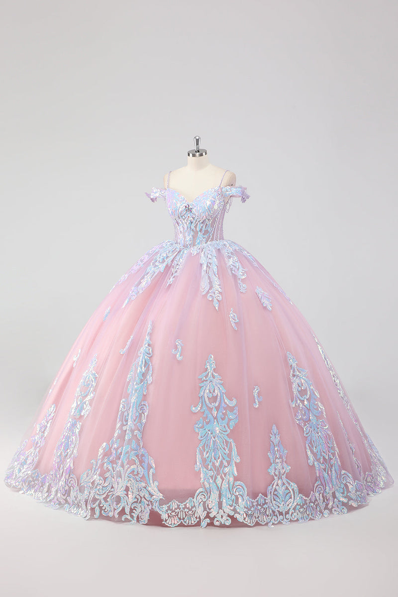Laden Sie das Bild in den Galerie-Viewer, Prinzessin Blush Rosa Schulterfreies Tüll Quinceanera Kleid mit Strass und Schleife