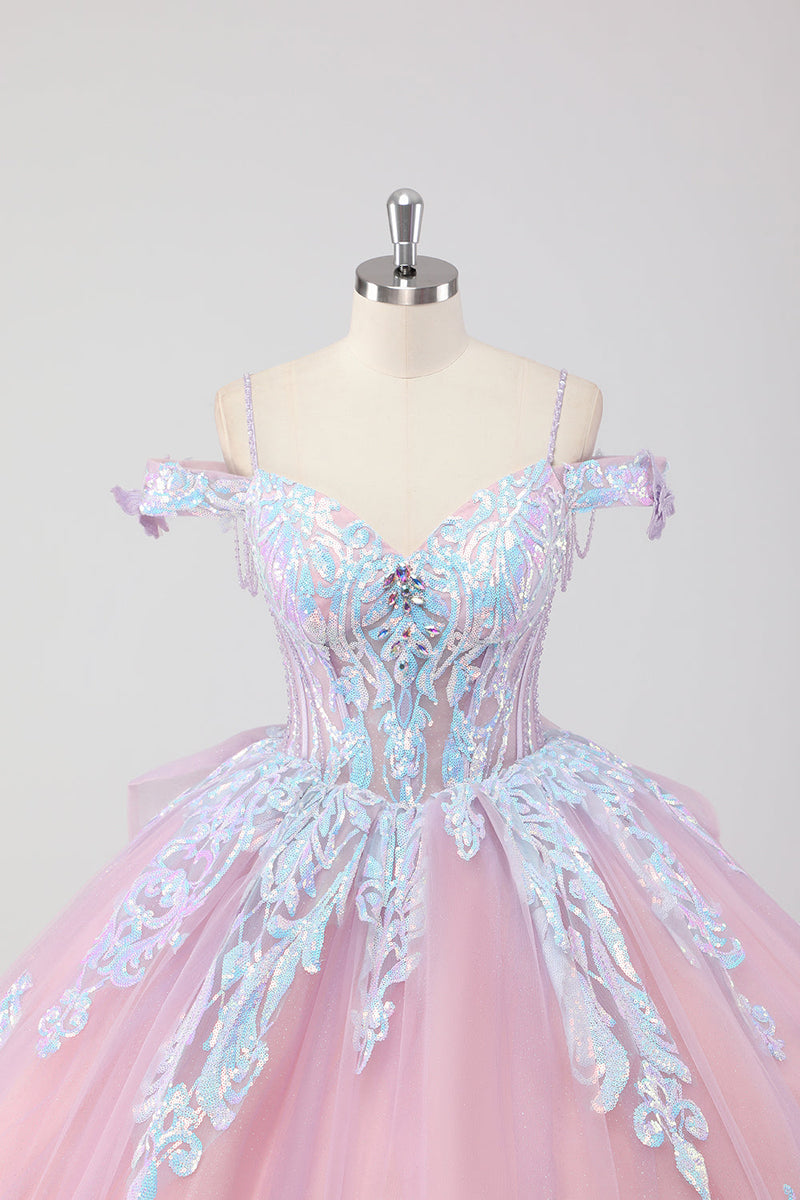 Laden Sie das Bild in den Galerie-Viewer, Prinzessin Blush Rosa Schulterfreies Tüll Quinceanera Kleid mit Strass und Schleife