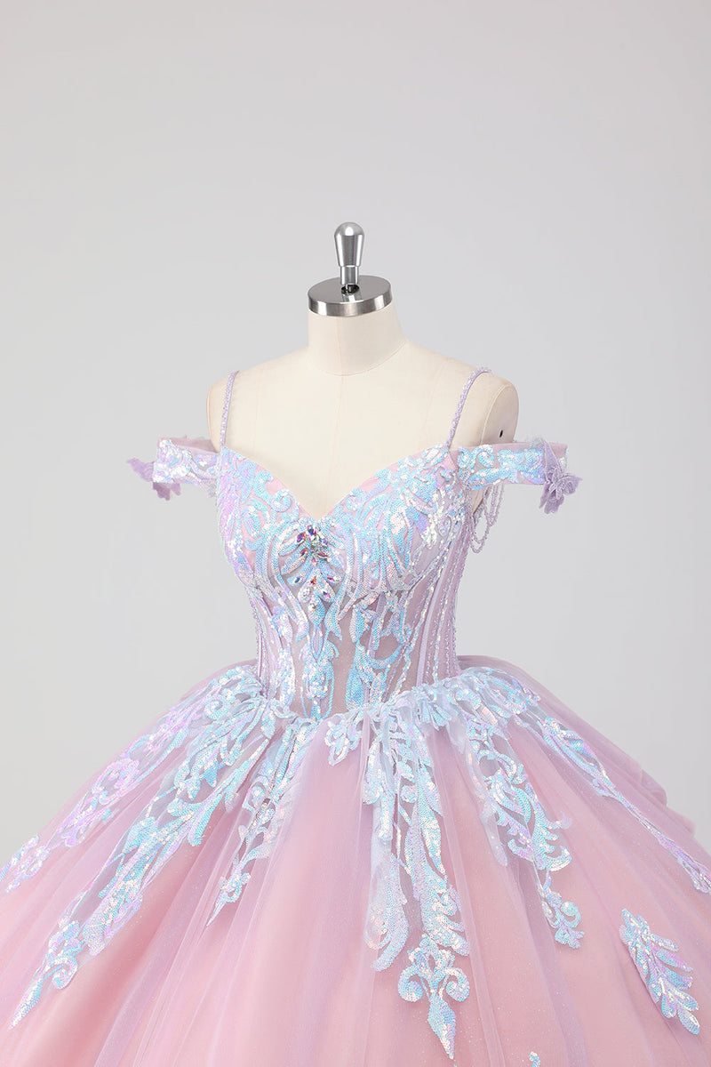 Laden Sie das Bild in den Galerie-Viewer, Prinzessin Blush Rosa Schulterfreies Tüll Quinceanera Kleid mit Strass und Schleife