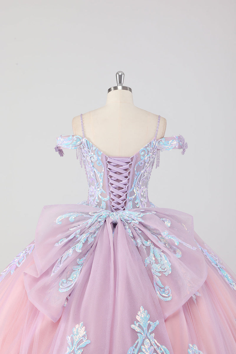 Laden Sie das Bild in den Galerie-Viewer, Prinzessin Blush Rosa Schulterfreies Tüll Quinceanera Kleid mit Strass und Schleife
